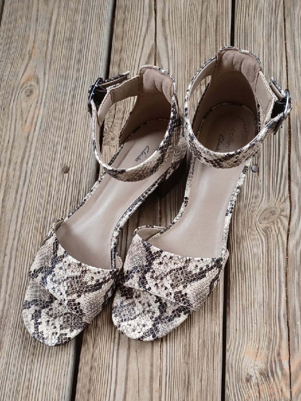 Clarks Elisa Dedra Taupe Snakeskin Print Open Toe Heeled Sandal Heel
